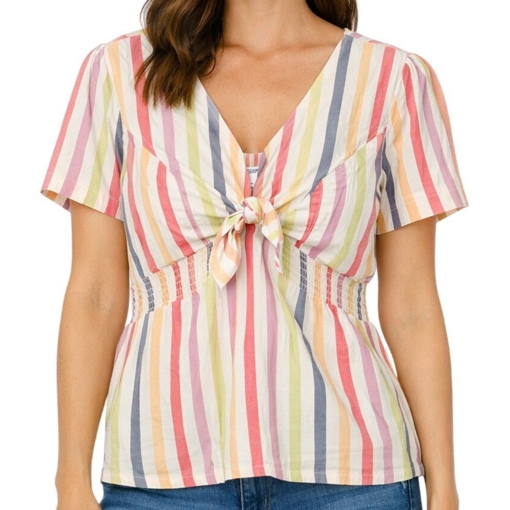 Old Navy Womens Knot Front Multi Stripe Short Sleeve Smocked Blouse Large